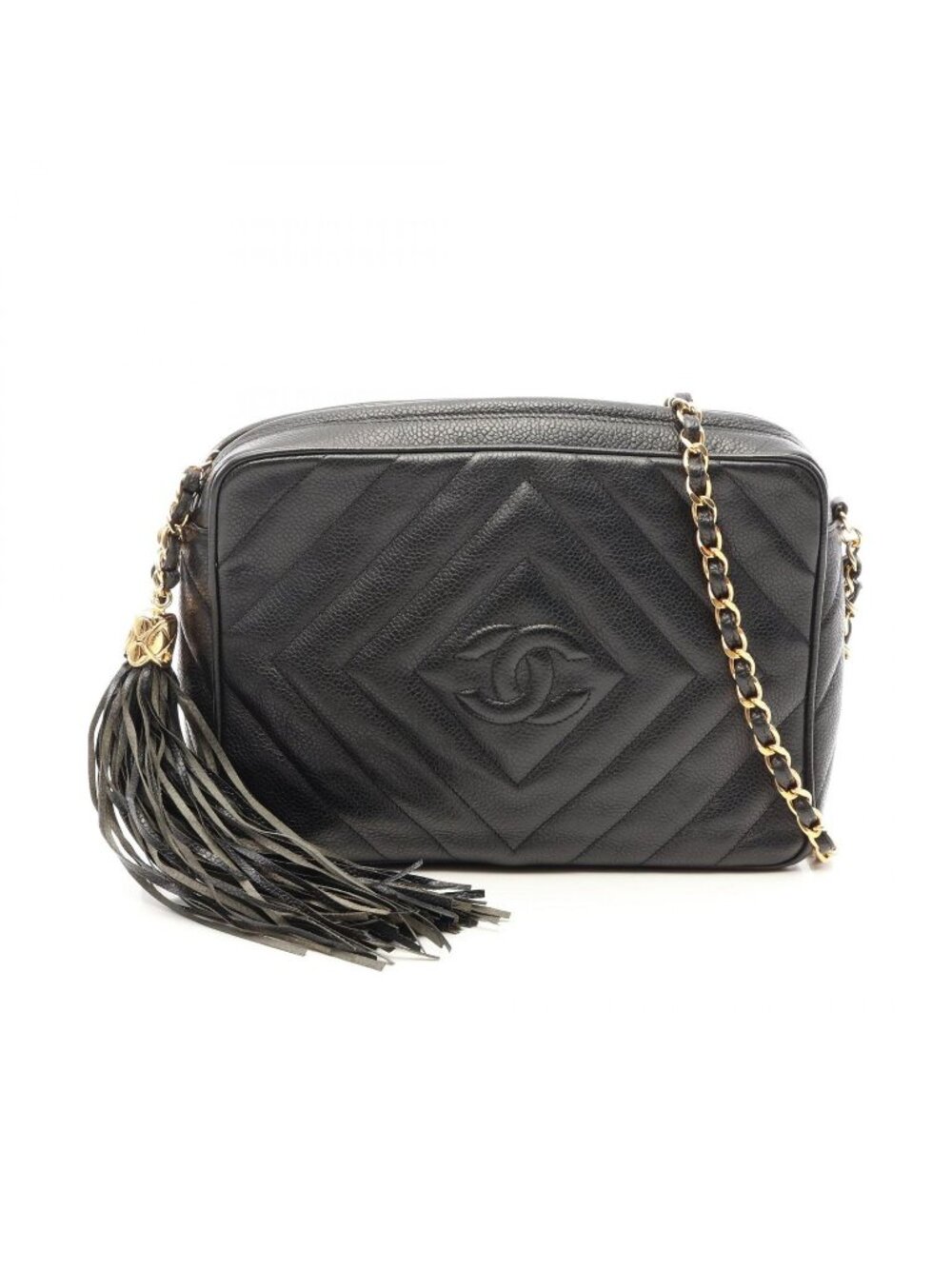 Chanel Shoulder Bag Diamond Stitch Tassel Black Caviar Leather Fringe Chain
